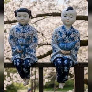 RARE Large 12" Bombay Co. Blue & White Porcelain Shelf Sitter Pair - Boy & Girl